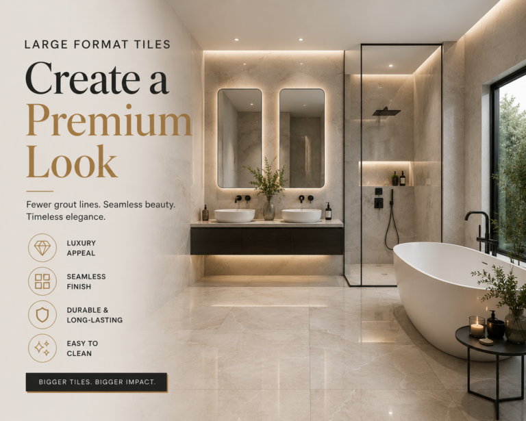 Modern luxury bathroom featuring large format marble tiles, seamless flooring, floating vanity, glass shower, and premium contemporary interior design.