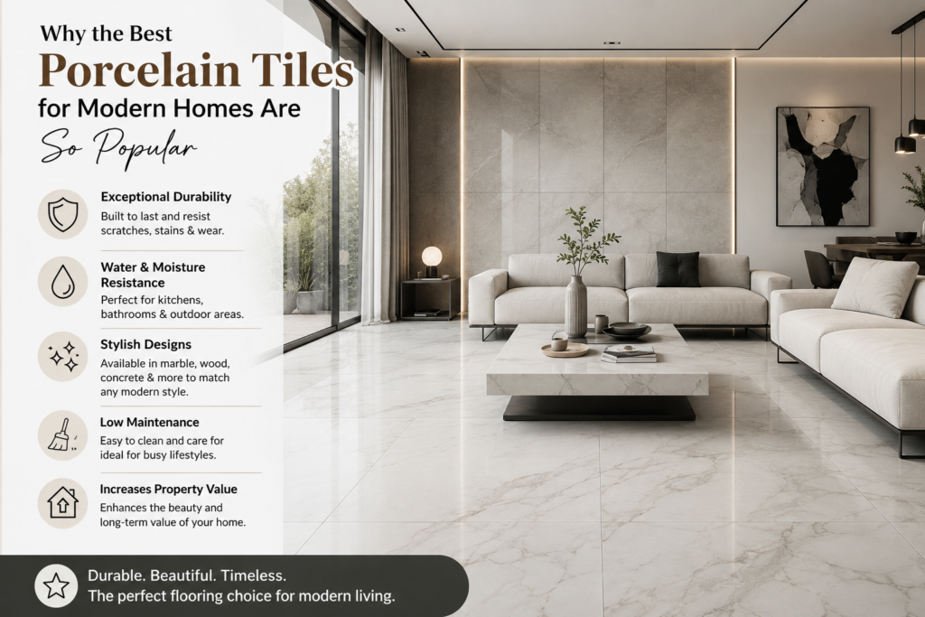 Modern living room featuring elegant porcelain tiles with infographic explaining why porcelain tiles are popular in modern homes.