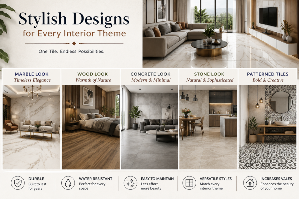 Modern interior design collage featuring stylish porcelain tile themes including marble, wood, concrete, stone, and patterned tile designs.