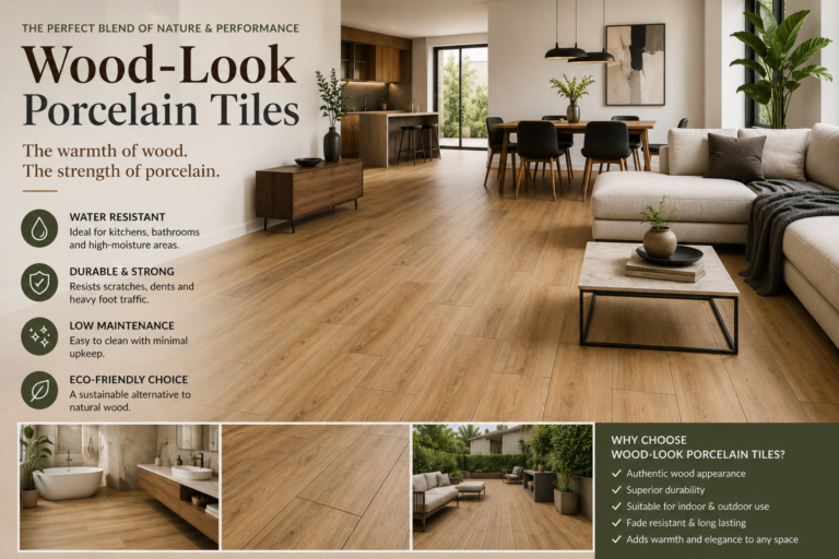 Modern living room with realistic wood-look porcelain tiles showcasing stylish, durable, and low-maintenance flooring design.