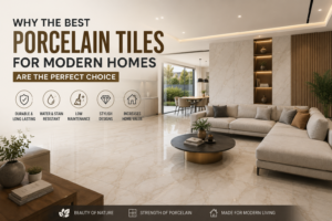 Modern luxury living room with glossy porcelain tile flooring showcasing the benefits of porcelain tiles for contemporary homes.