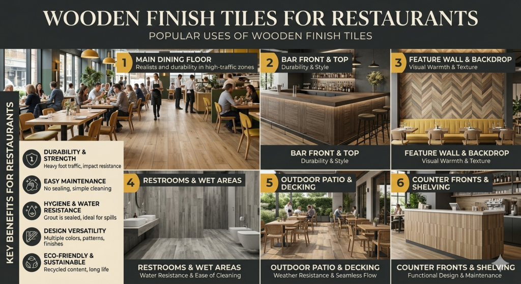 A comprehensive infographic titled "Wooden Finish Tiles for Restaurants" showcasing six popular areas of use (Main Dining Floor, Bar Front, Feature Wall, Restrooms, Outdoor Patio, and Counter Fronts) alongside key benefits like durability, easy maintenance, and hygiene.