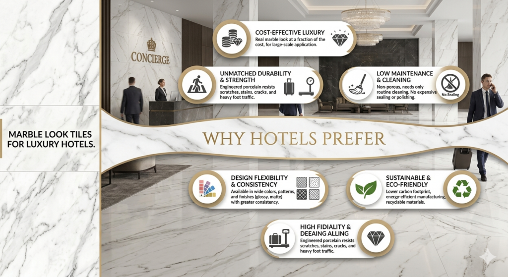 Luxury hotel lobby featuring elegant marble look tiles with glossy finishes and premium modern interior design.