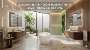 A wide-angle, luxurious modern bathroom with futuristic smart mirrors displaying "Wellness Dashboard 2026," stone and terrazzo flooring, floating wooden vanities, a central stone bathtub, a moss wall, and an outdoor courtyard view. A text overlay at the top reads "LUXURY BATHROOM INSPIRATION: 2026 TRENDS & BEYOND.