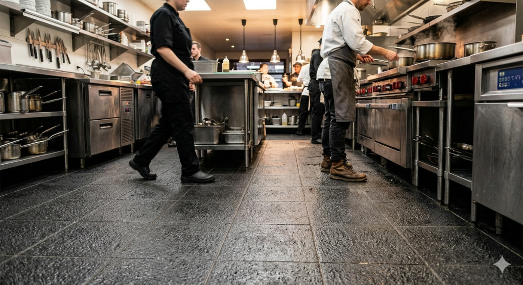 Commercial restaurant kitchen with anti-skid floor tiles designed for safety, durability, and easy cleaning in high-traffic hospitality spaces.