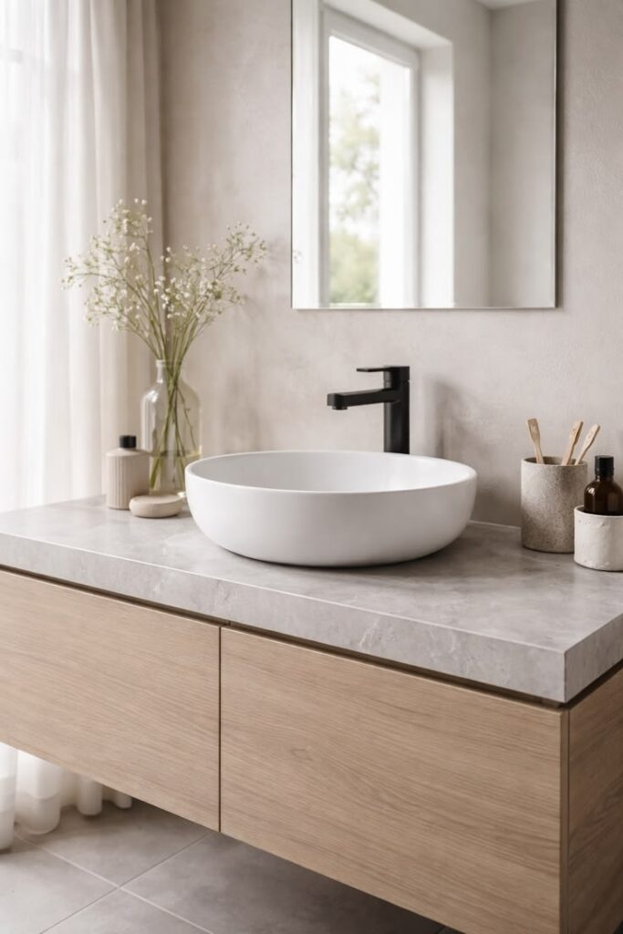 Modern countertop wash basin placed on a stylish bathroom vanity with elegant lighting and contemporary interior design.