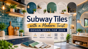 Modern subway tile designs for 2026 featuring sage green, navy blue, and black subway tiles with herringbone patterns, textured finishes, and contemporary kitchen and bathroom interiors.