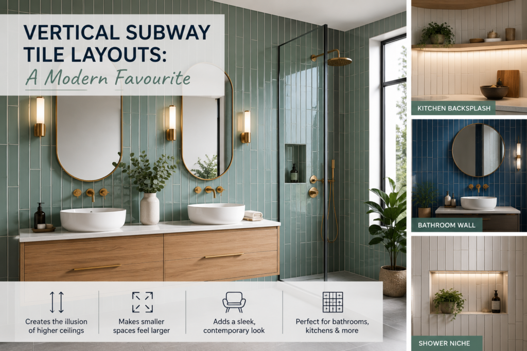 Modern bathroom featuring vertical subway tile layouts in sage green with gold fixtures, showcasing contemporary tile design ideas for kitchens and bathrooms in 2026.