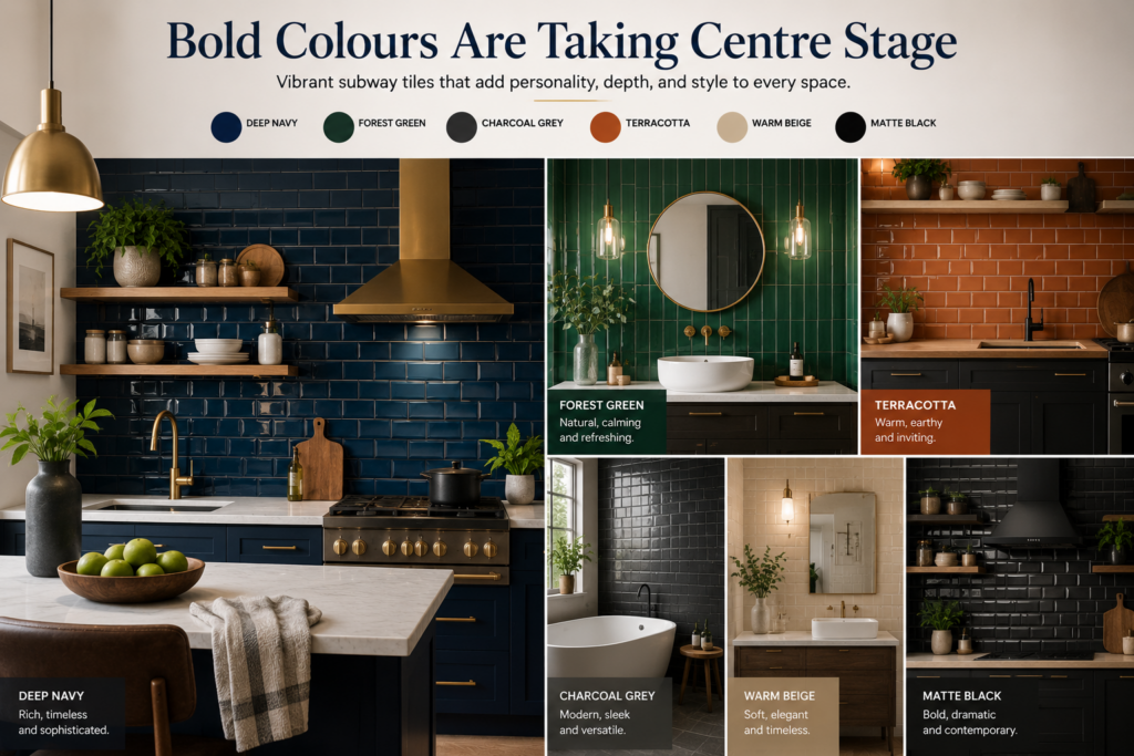 Bold coloured subway tiles in deep navy, forest green, terracotta, charcoal grey, warm beige, and matte black showcased in modern kitchen and bathroom interiors.