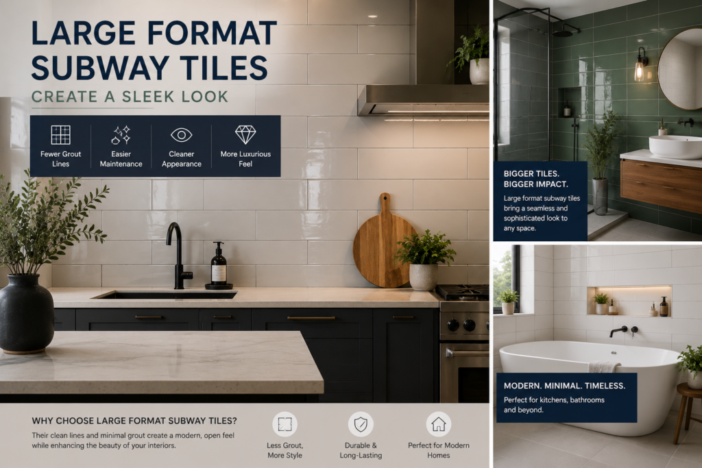 Large format subway tiles in a modern kitchen and bathroom, featuring oversized rectangular tiles with minimal grout lines for a sleek and contemporary look.
