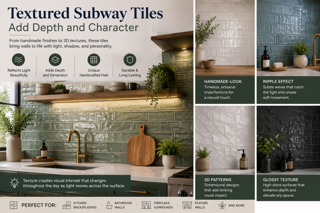 Textured subway tiles with handmade-look, ripple-effect, 3D, and glossy finishes displayed in modern kitchen and bathroom interiors, adding depth and visual interest.