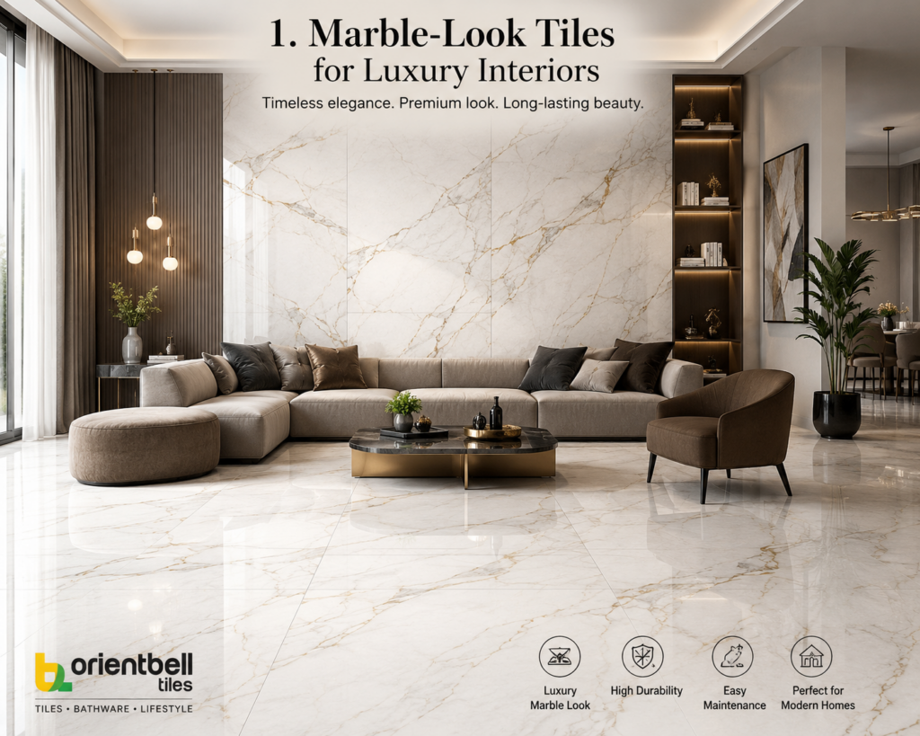 Luxury living room featuring marble-look Orientbell tiles with glossy finish, elegant marble wall design, and modern premium interior décor.