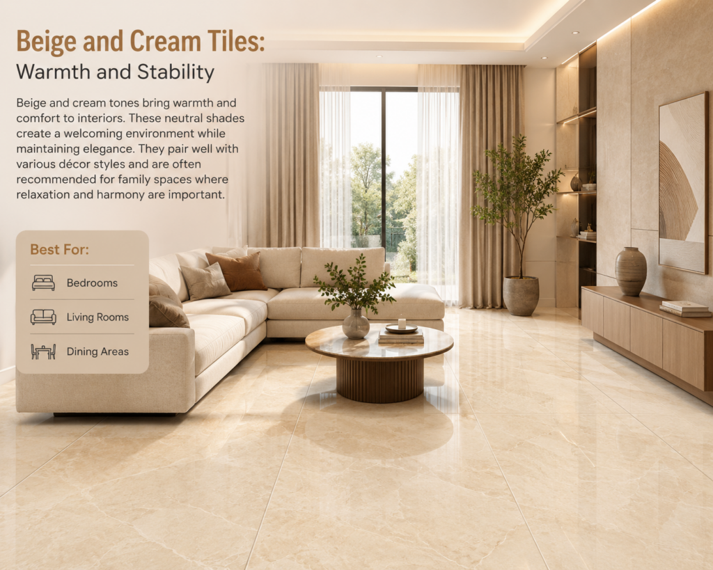 Modern living room featuring beige and cream marble-look floor tiles, elegant neutral décor, large windows, and warm natural lighting creating a welcoming atmosphere.