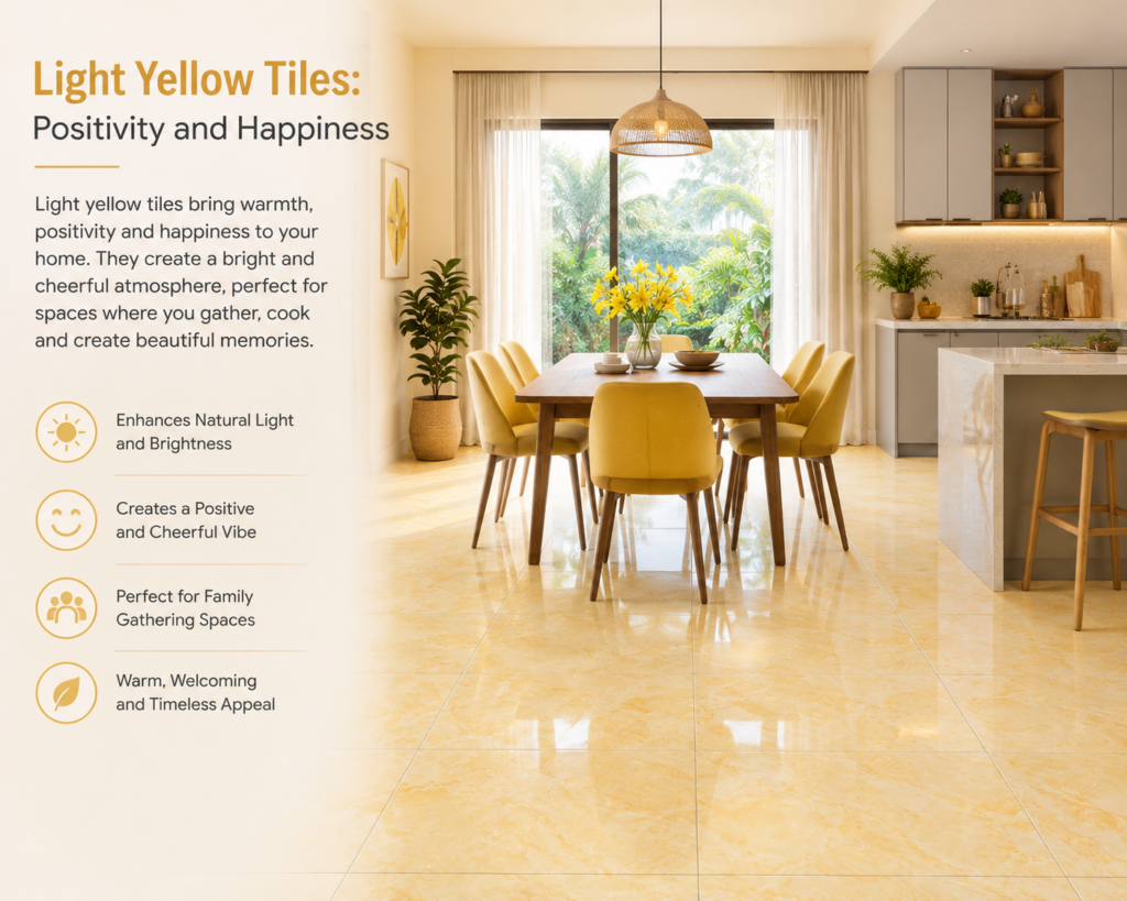 Bright modern kitchen and dining area featuring light yellow floor tiles, warm natural sunlight, elegant furnishings, and a cheerful welcoming atmosphere.