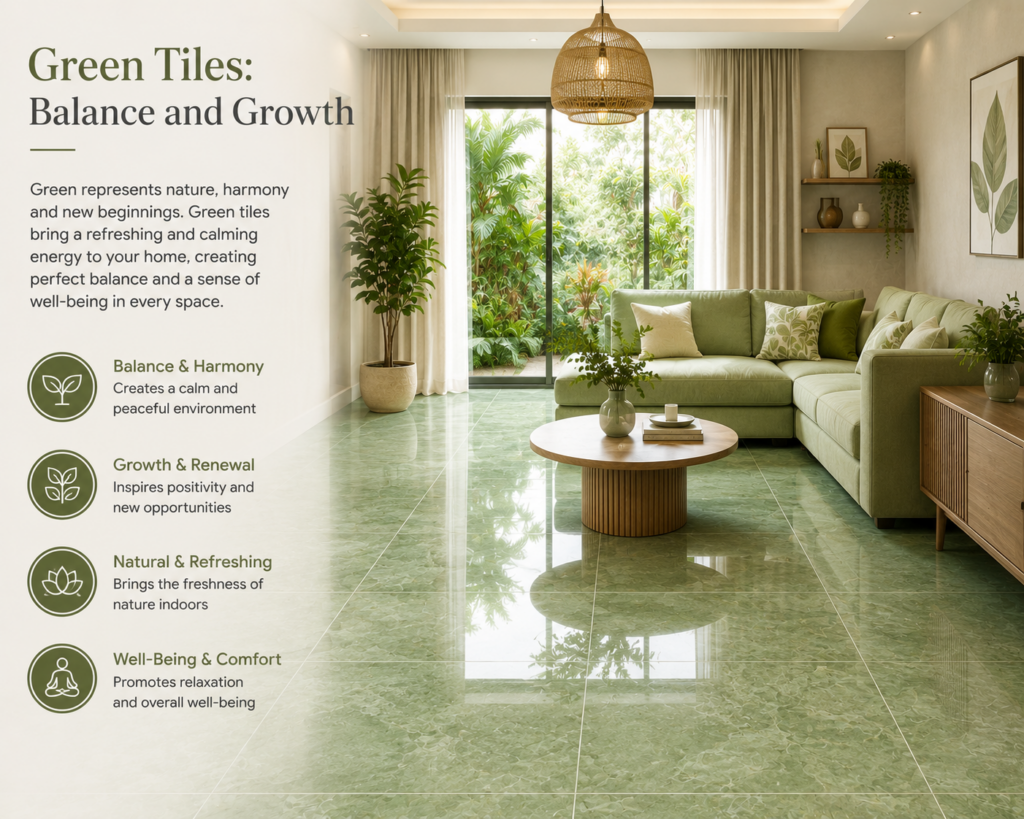 Modern living room featuring glossy green floor tiles, indoor plants, large windows, and natural light, creating a calm and refreshing atmosphere inspired by nature.