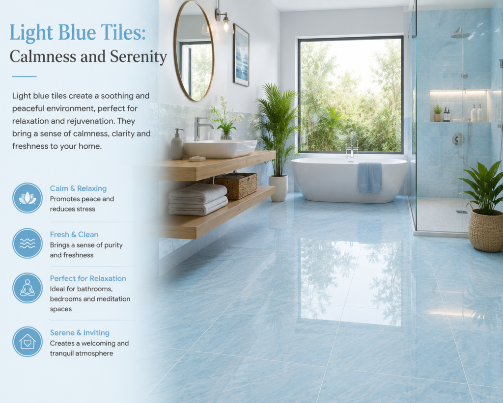 Modern spa-inspired bathroom featuring glossy light blue floor and wall tiles, a freestanding bathtub, natural light, indoor plants, and a calming, serene atmosphere.