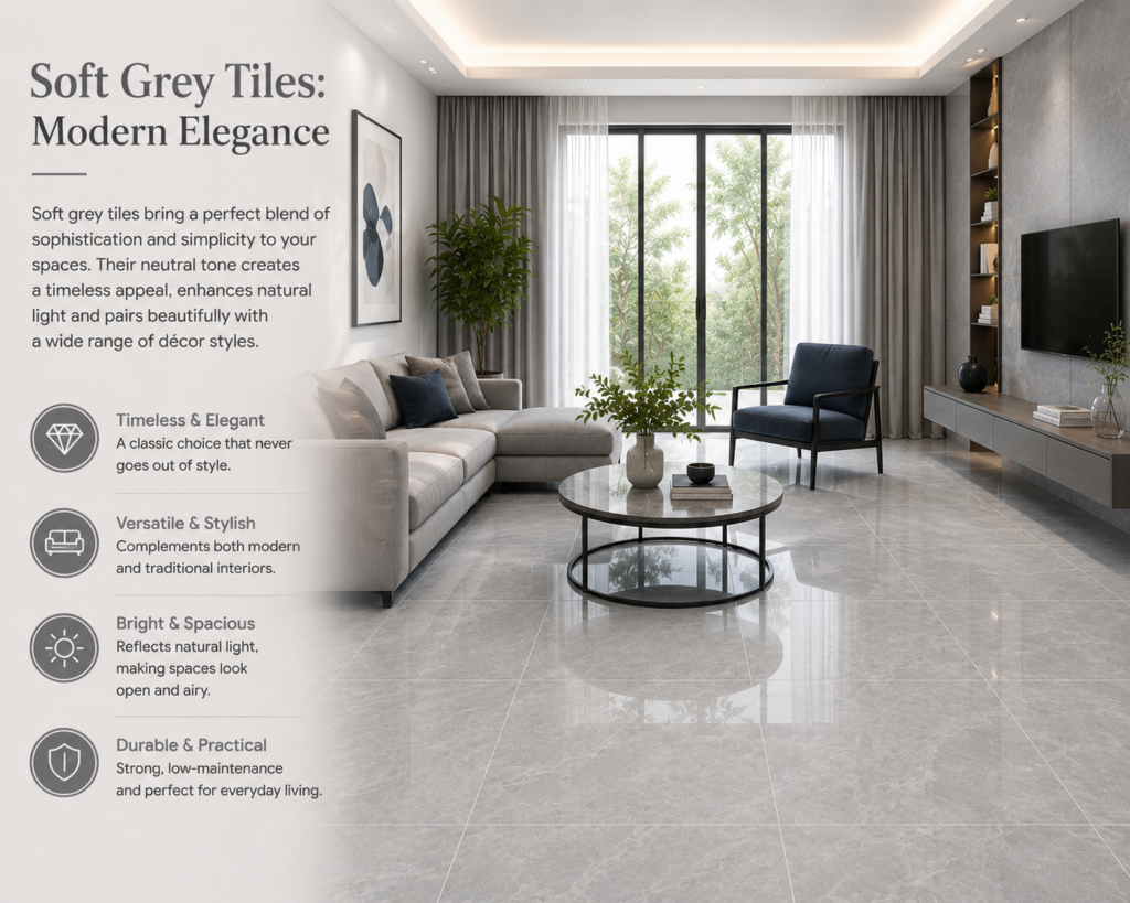 Modern living room with soft grey marble-look floor tiles, contemporary furniture, large glass windows, and elegant neutral décor creating a sophisticated and spacious atmosphere.