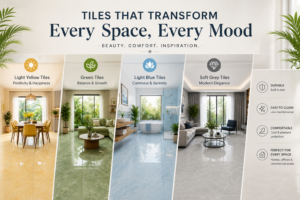 Feature image showcasing different tile colours including light yellow, green, light blue, and soft grey tiles in modern interior spaces, highlighting their impact on mood, energy, and home aesthetics.