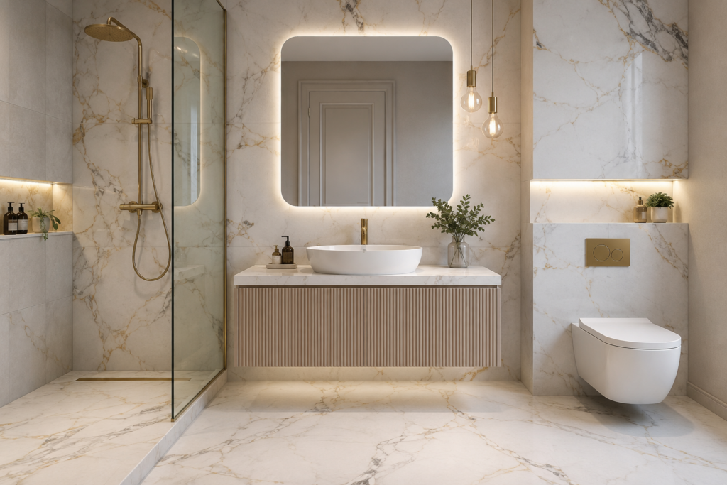 Luxury bathroom featuring marble-look tiles, gold accents, floating vanity, glass shower enclosure, and modern premium interior design.