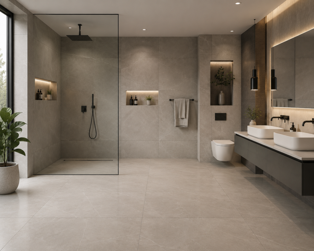 Modern bathroom with large format tiles, seamless flooring, frameless glass shower, floating vanity, and spacious luxury interior design.
