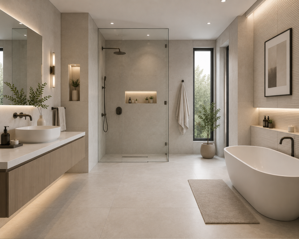 Modern bathroom with neutral beige and grey tiles, freestanding bathtub, glass shower enclosure, floating vanity, and elegant spa-inspired design.