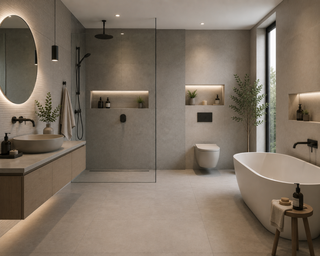 Modern bathroom with matte finish tiles, floating wood vanity, freestanding bathtub, frameless glass shower, and elegant neutral-toned interior.