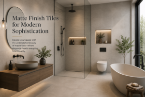 Feature image showcasing matte finish bathroom tiles with a modern luxury design, floating wood vanity, freestanding bathtub, and frameless glass shower.