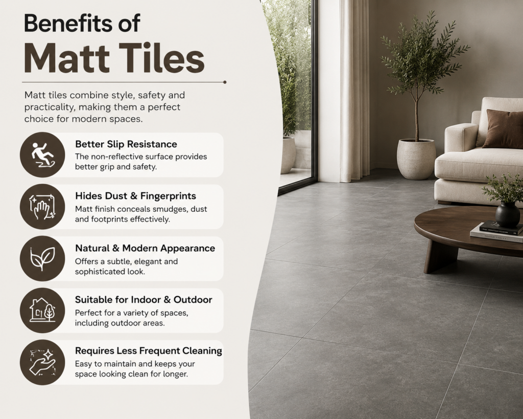 Benefits of Matt Tiles infographic showing slip resistance, low maintenance, dust resistance, and modern matte floor tiles in a contemporary living room.