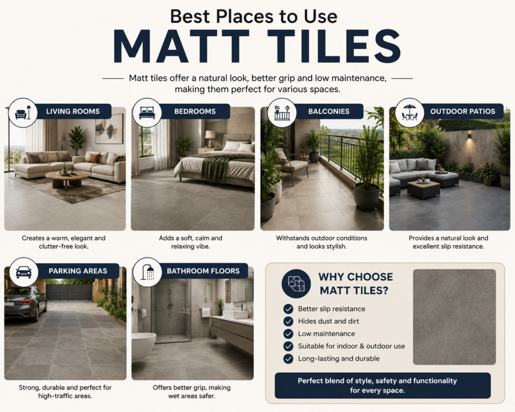 Best Places to Use Matt Tiles infographic showing matt tile applications in living rooms, bedrooms, balconies, outdoor patios, parking areas, and bathroom floors.