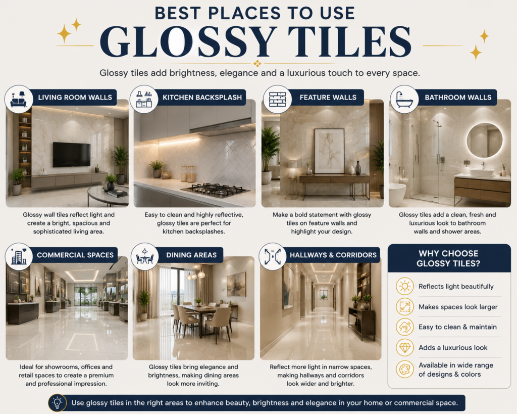 Best Places to Use Glossy Tiles infographic featuring glossy tile applications in living room walls, kitchen backsplashes, feature walls, bathroom walls, dining areas, hallways, and commercial spaces.