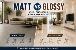 Matt vs Glossy Tiles comparison featuring a modern living room with matt floor tiles and a luxurious interior with glossy tiles, highlighting key differences in style, maintenance, brightness, and durability.