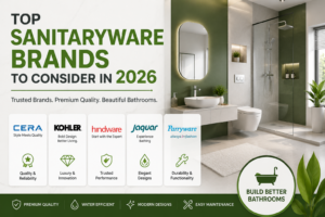 Modern bathroom featuring premium sanitaryware fixtures with leading brands including CERA, Kohler, Hindware, Jaquar, and Parryware highlighted for 2026.