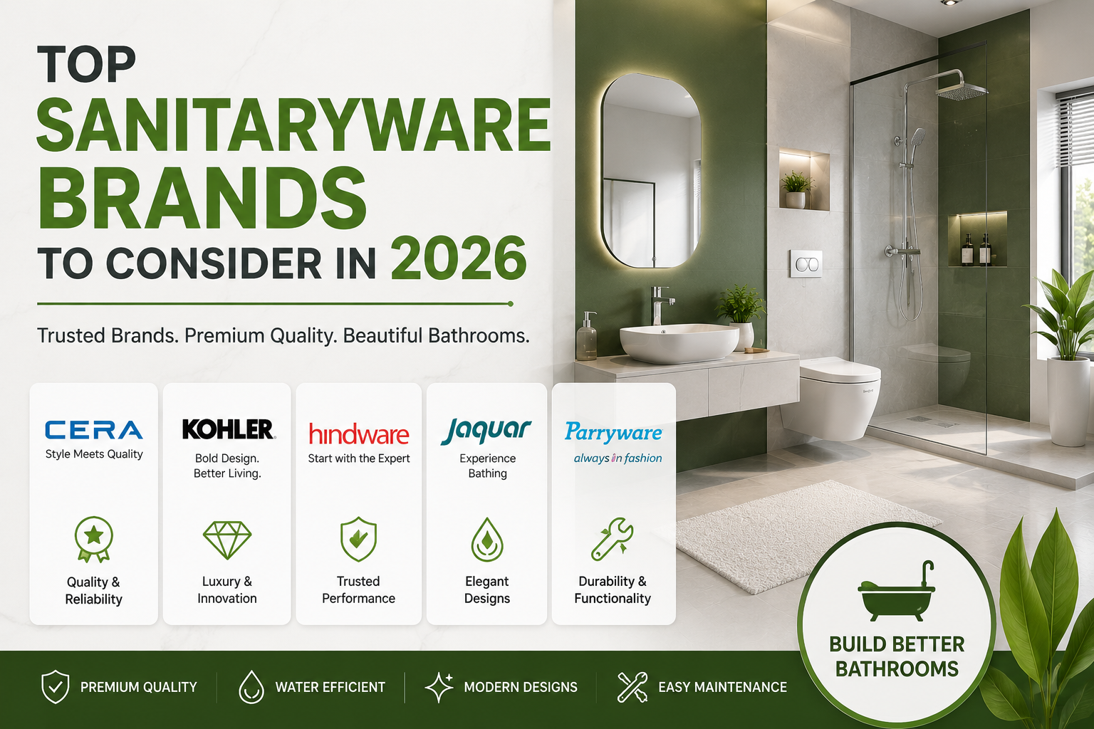 Modern bathroom featuring premium sanitaryware fixtures with leading brands including CERA, Kohler, Hindware, Jaquar, and Parryware highlighted for 2026.