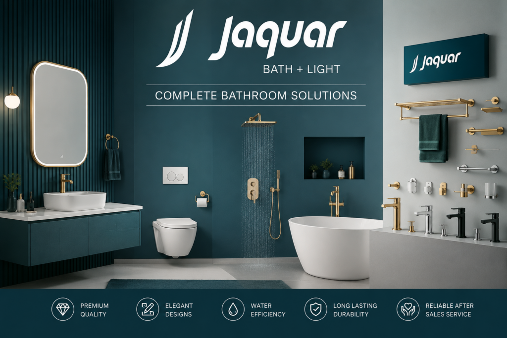 Premium Jaquar sanitaryware showroom featuring modern wash basin, wall-hung toilet, luxury bathtub, designer faucets, and contemporary bathroom fittings.