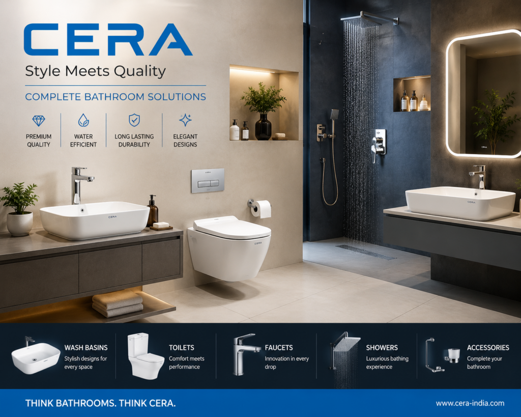 Modern CERA bathroom showroom featuring designer wash basins, wall-hung toilet, premium shower system, and contemporary sanitaryware fixtures.