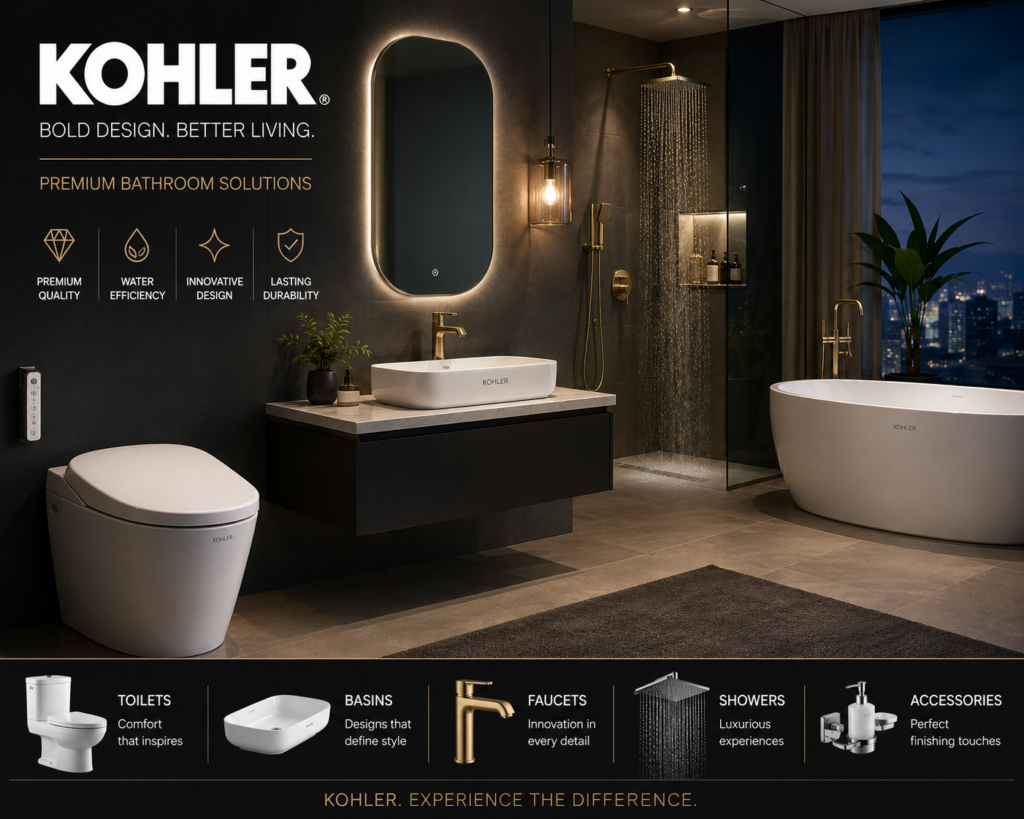 Luxury Kohler bathroom featuring designer wash basin, smart toilet, premium rain shower, freestanding bathtub, and modern bathroom fixtures.
