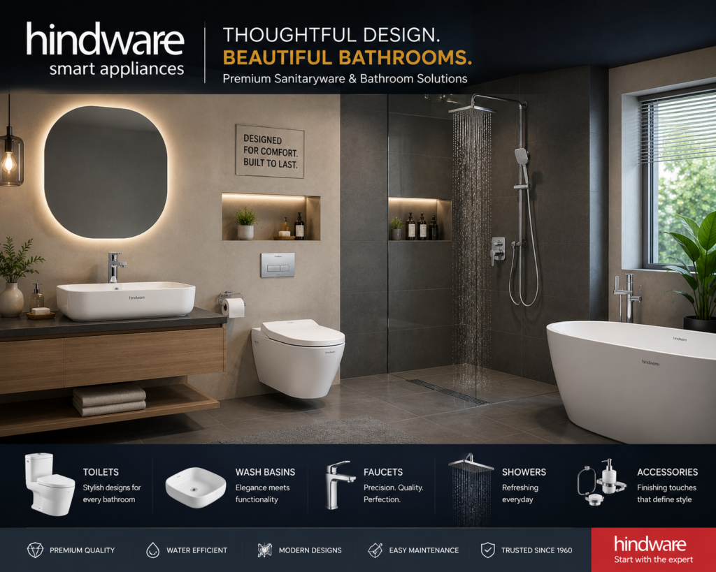 Modern Hindware bathroom featuring designer wash basin, wall-hung toilet, premium shower area, freestanding bathtub, and contemporary sanitaryware fixtures.
