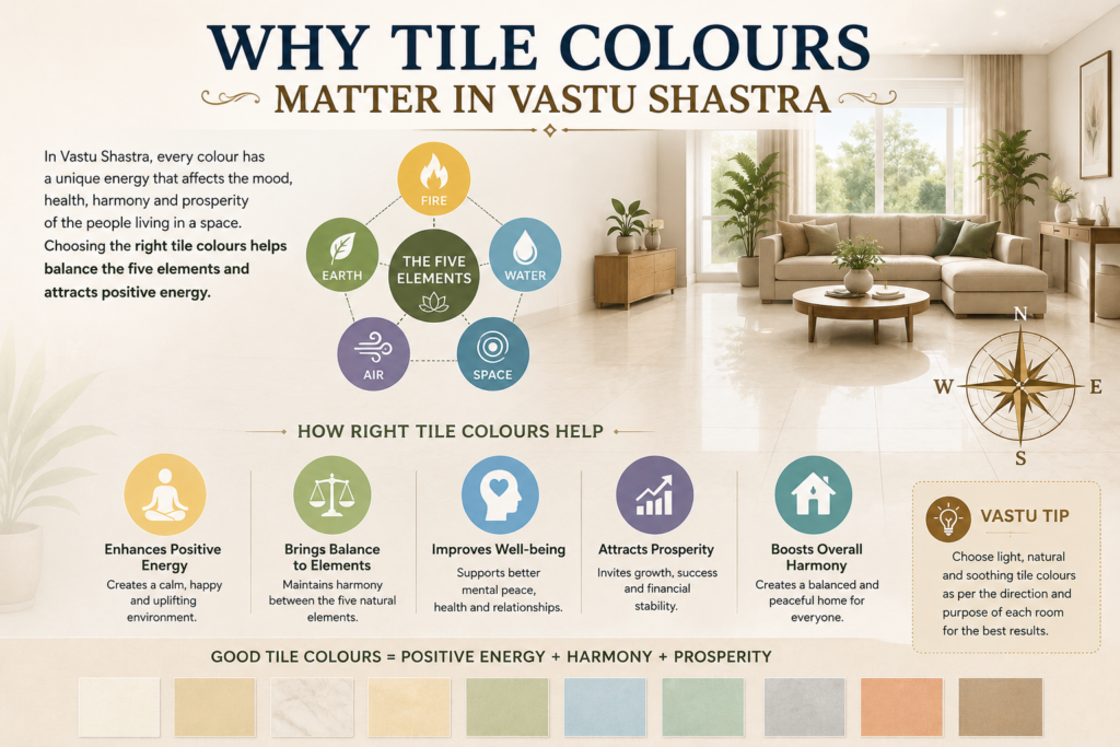 Infographic explaining why tile colours matter in Vastu Shastra, featuring the five elements, positive energy benefits, Vastu compass, and recommended tile colour palette.