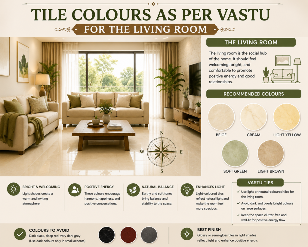 Modern living room featuring Vastu-approved tile colours including beige, cream, light yellow, soft green, and light brown, with colour recommendations and Vastu design tips.