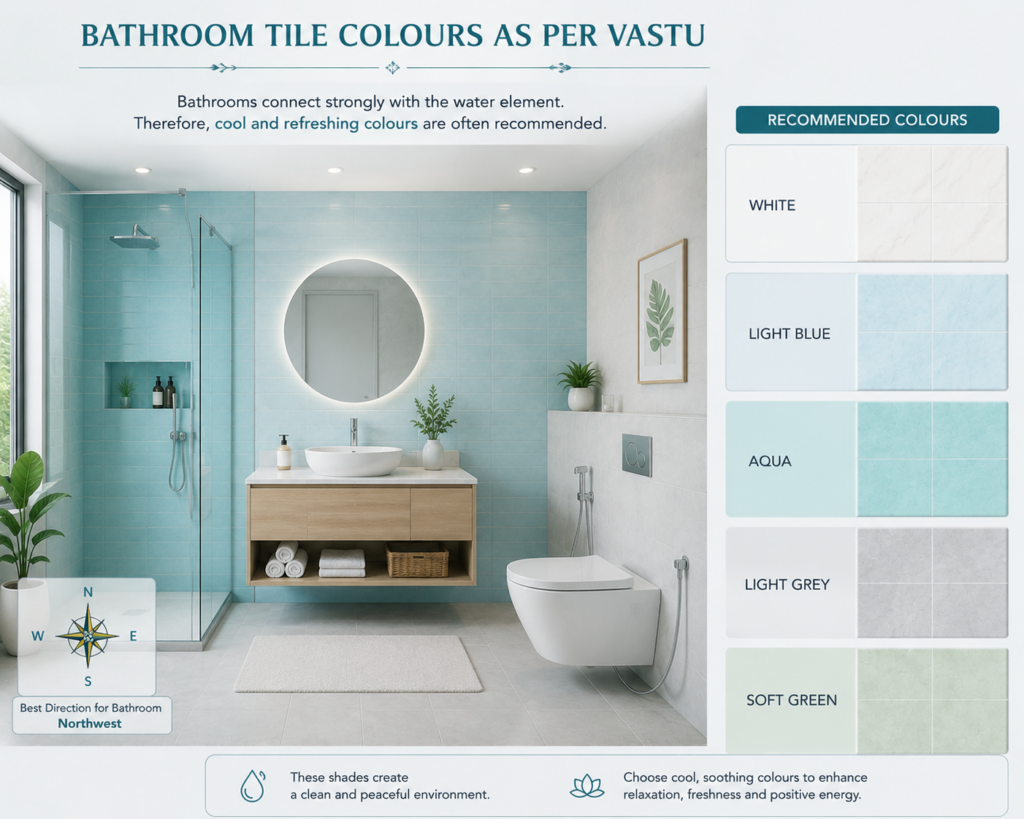 Modern bathroom featuring Vastu-friendly tile colours including white, light blue, aqua, light grey, and soft green tiles, creating a clean, refreshing, and calming atmosphere.