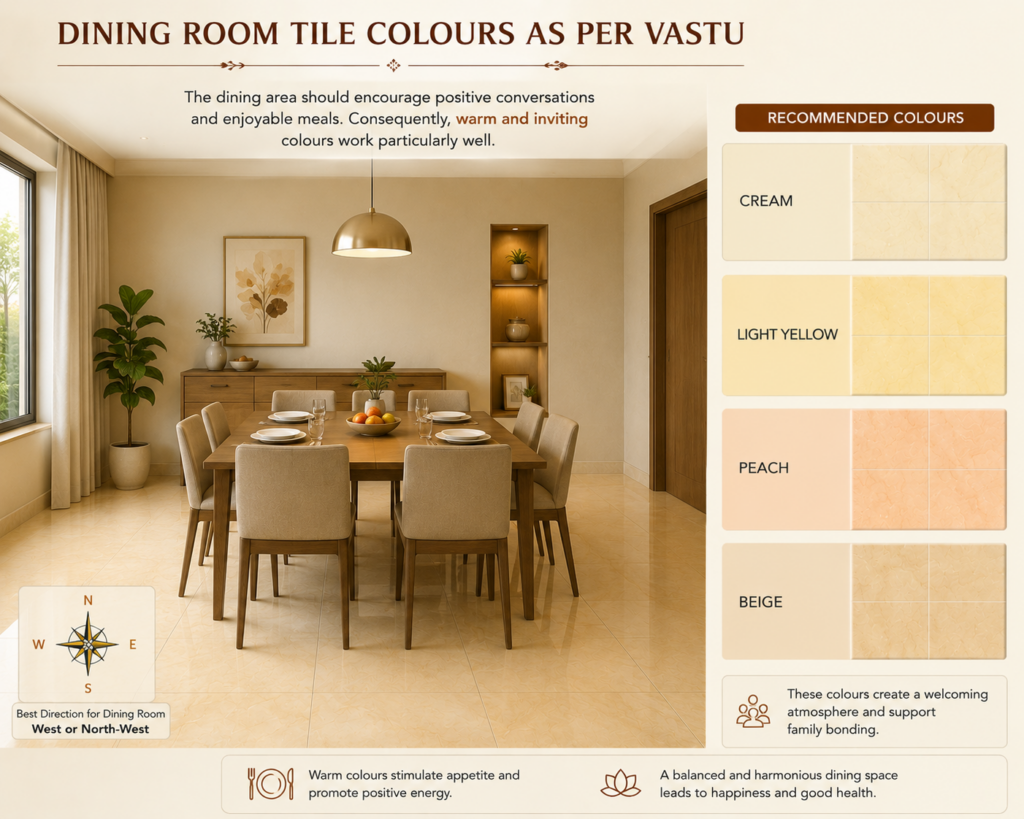 Elegant dining room featuring Vastu-friendly tile colours including cream, light yellow, peach, and beige tiles, creating a warm, inviting, and harmonious atmosphere for family gatherings.