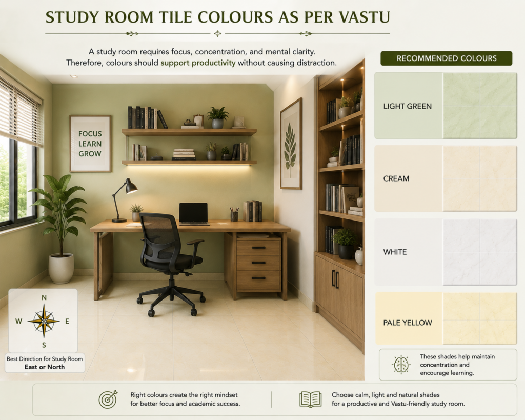 Modern study room featuring Vastu-friendly tile colours including light green, cream, white, and pale yellow tiles, creating a calm, productive, and distraction-free environment for learning and concentration.