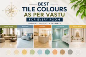 Infographic showing the best tile colours as per Vastu for living room, bedroom, kitchen, bathroom, and pooja room with recommended colour palette.