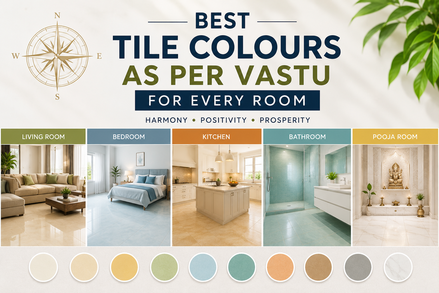 Infographic showing the best tile colours as per Vastu for living room, bedroom, kitchen, bathroom, and pooja room with recommended colour palette.