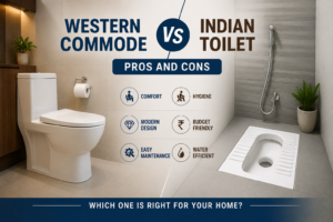 Western commode vs Indian toilet comparison featuring modern bathroom designs and a detailed pros and cons overview.