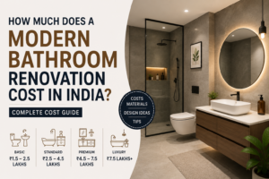 Modern bathroom renovation cost in India featuring a luxury contemporary bathroom with shower enclosure, floating vanity, designer tiles, and cost guide information.