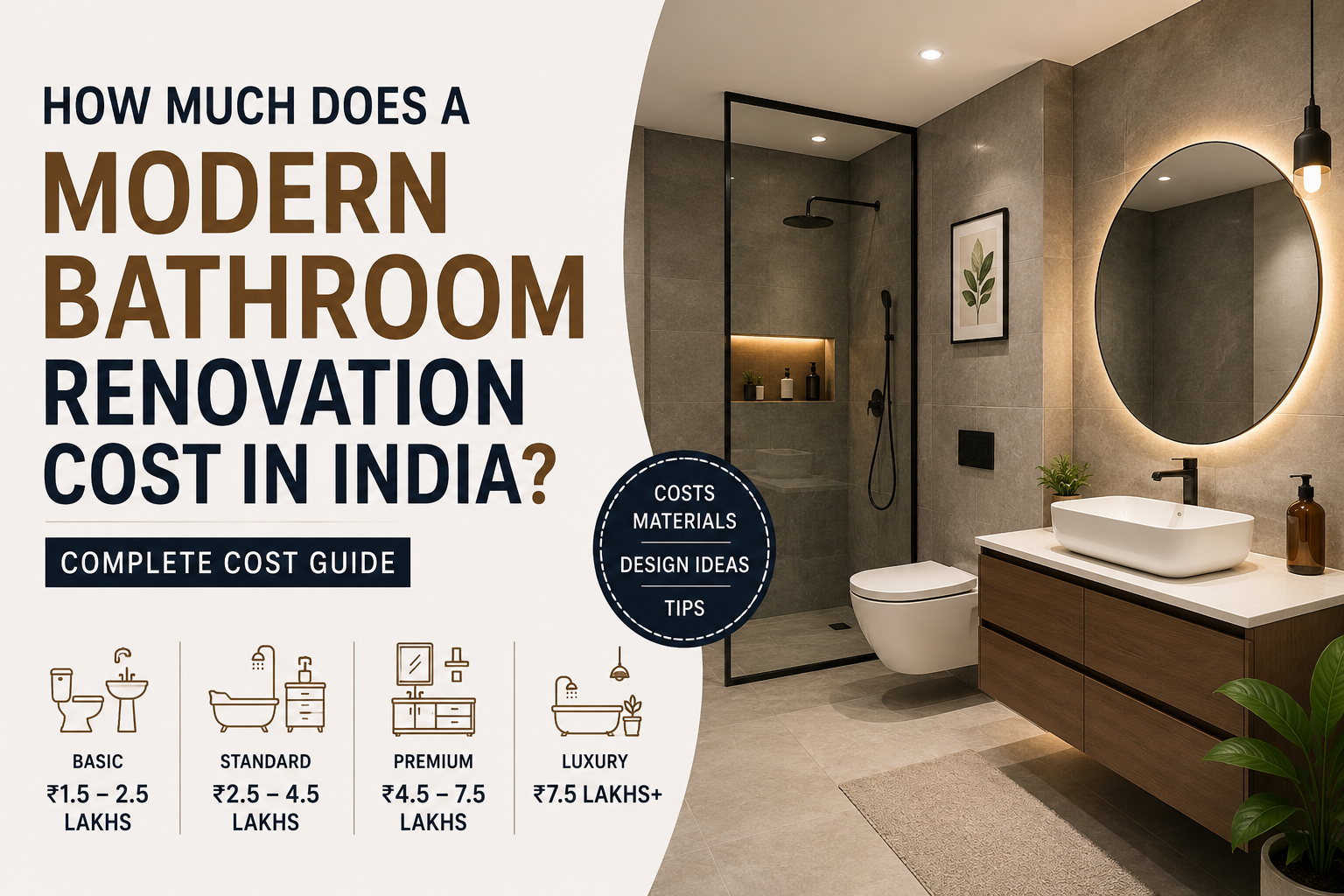 Modern bathroom renovation cost in India featuring a luxury contemporary bathroom with shower enclosure, floating vanity, designer tiles, and cost guide information.