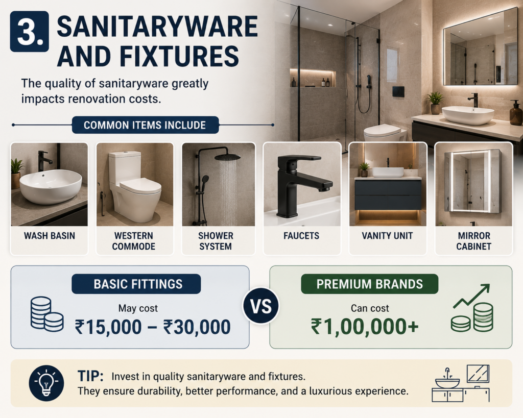 Infographic showing bathroom sanitaryware and fixtures including wash basin, western commode, shower system, faucets, vanity unit, and mirror cabinet with renovation cost comparison.
