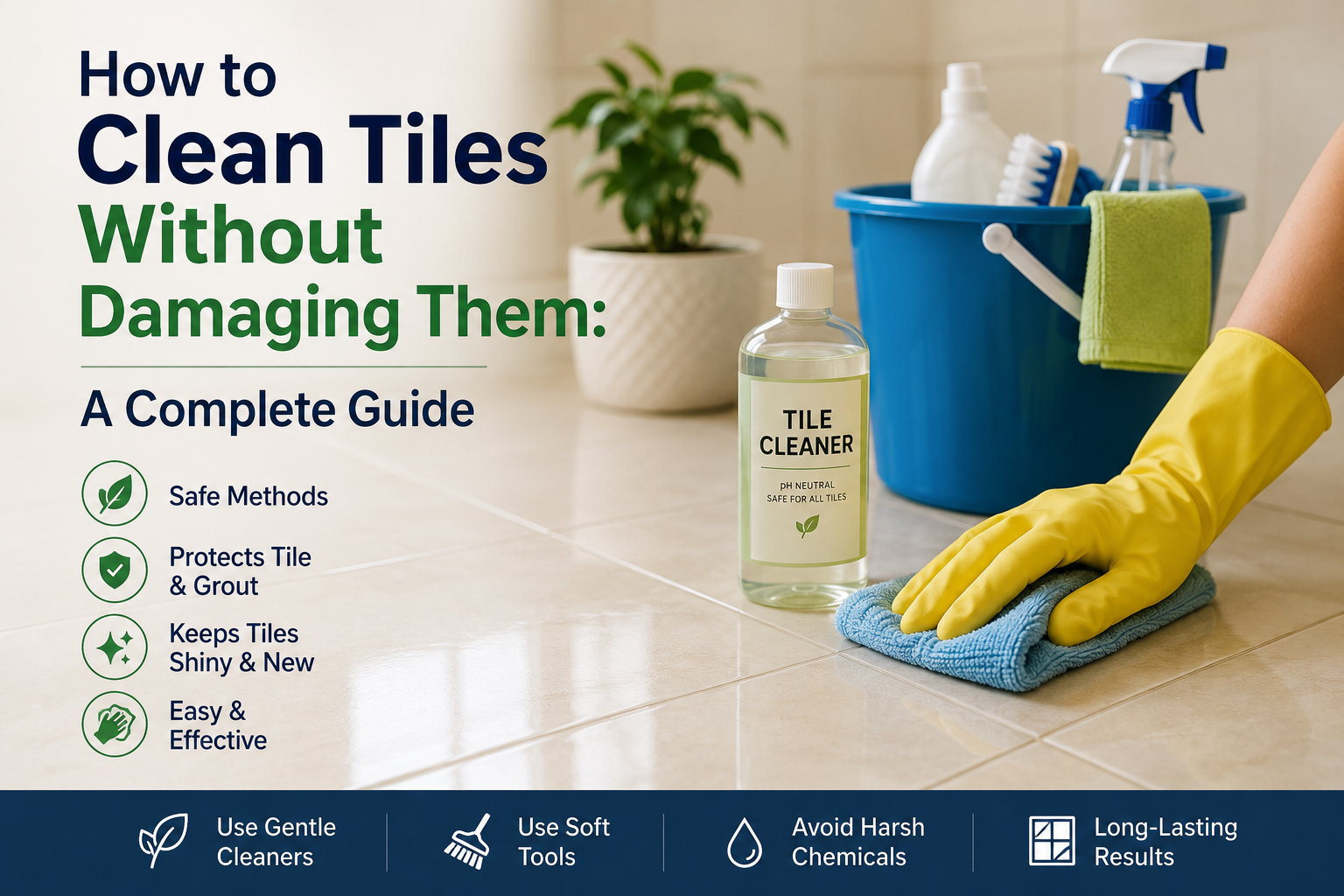 Person cleaning shiny ceramic floor tiles with a microfiber cloth and pH-neutral tile cleaner, demonstrating safe tile cleaning methods without damaging tiles or grout.