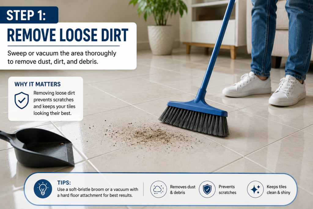 Person sweeping loose dirt and dust from ceramic floor tiles with a soft-bristle broom before mopping to prevent scratches and surface damage
